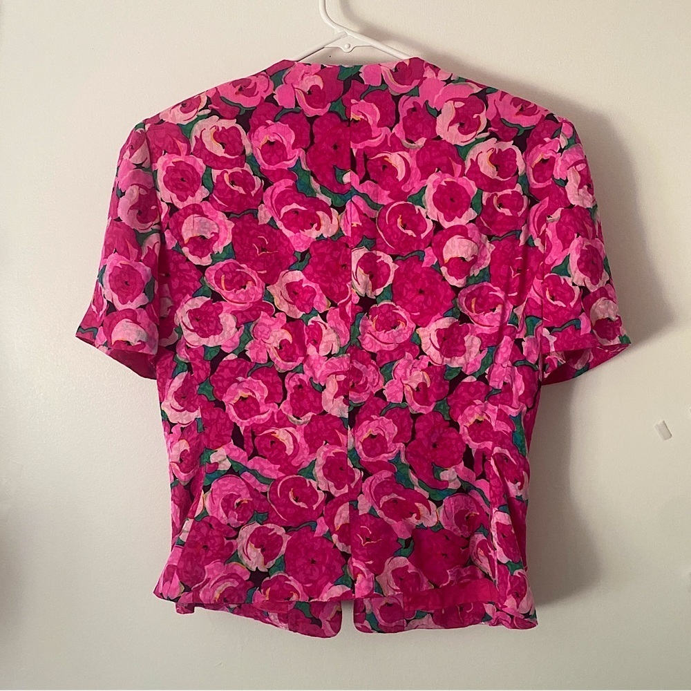 Vintage 100% Silk Pink Floral Blouse Button-Up Shirt Padded Shoulder Cottagecore - Picture 3 of 14
